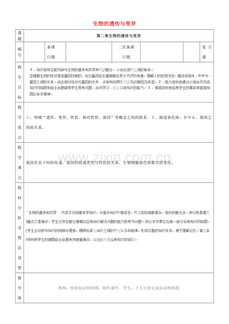 山东省临沂市蒙阴县第四中学八年级生物下册 第七单元 第二章 生物的遗传与变异复习教案 （新版）新人教版 (2).doc_第1页