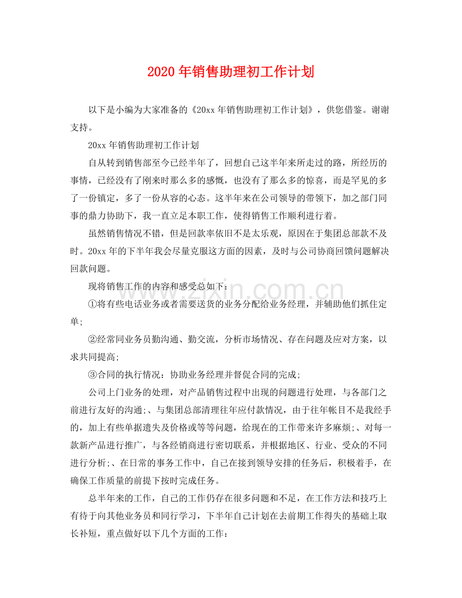 2020年销售助理初工作计划.docx_第1页