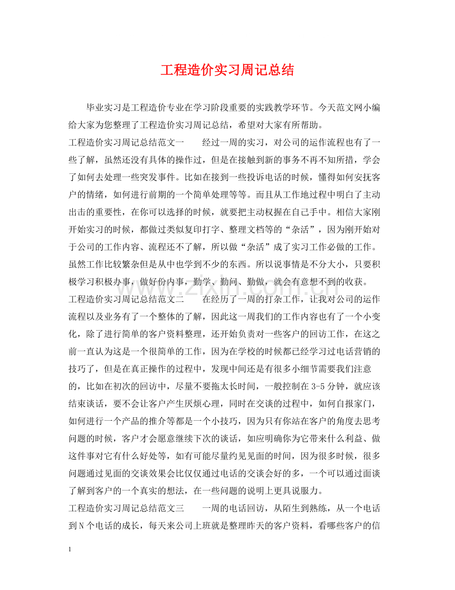 工程造价实习周记总结.docx_第1页