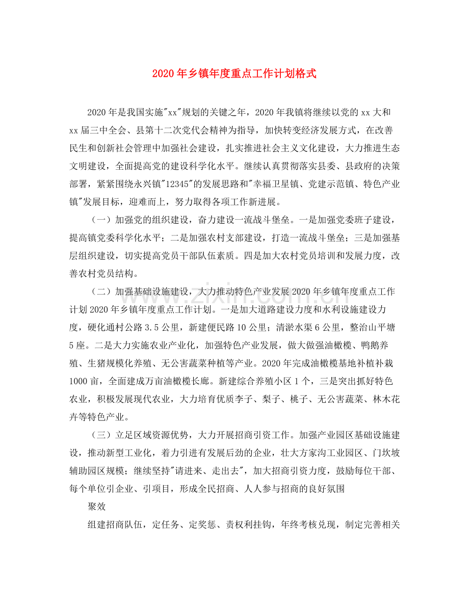 2020年乡镇年度重点工作计划格式.docx_第1页