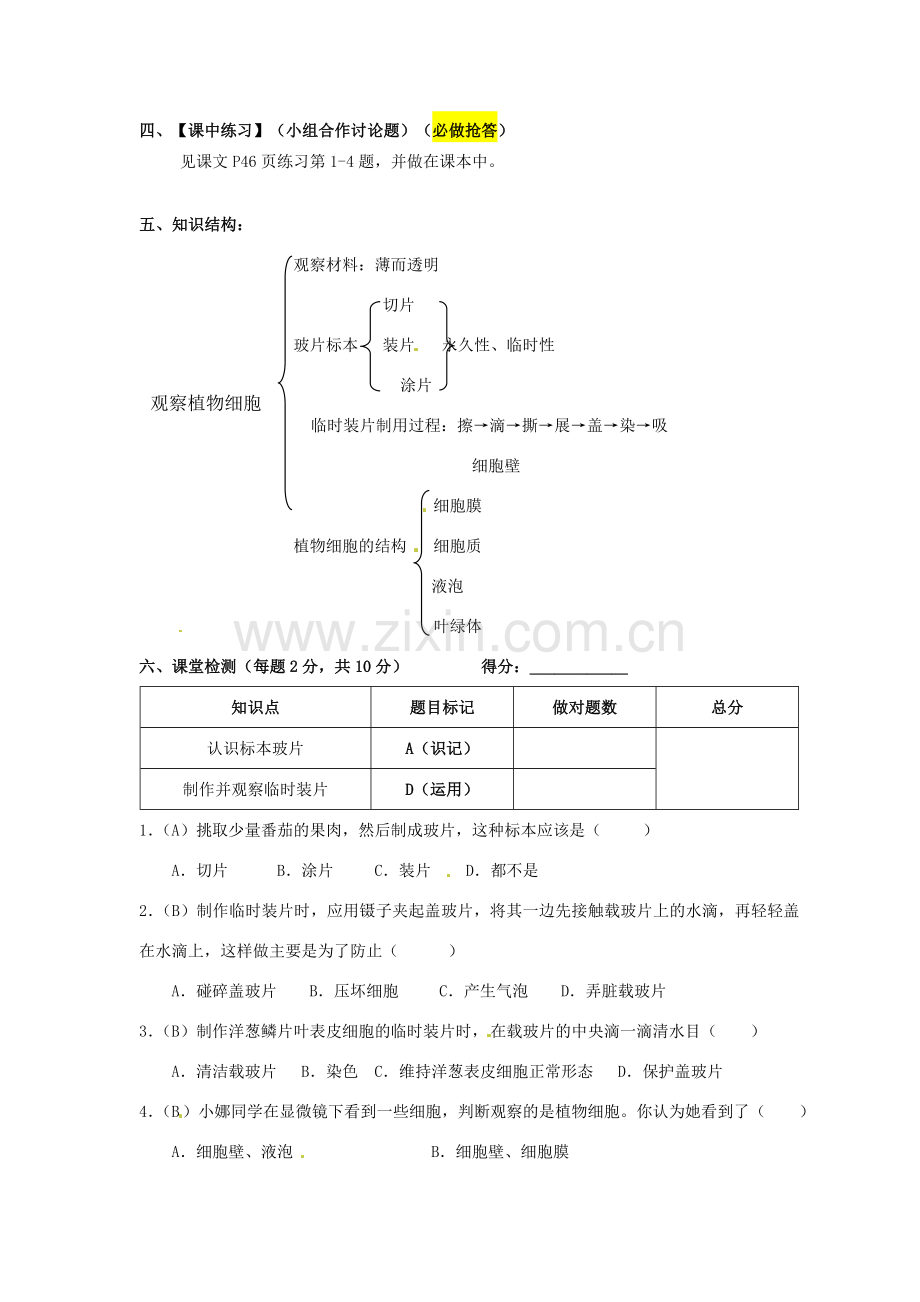 七年级生物上册 2.1.2 植物细胞导学案（无答案）（新版）新人教版.doc_第2页