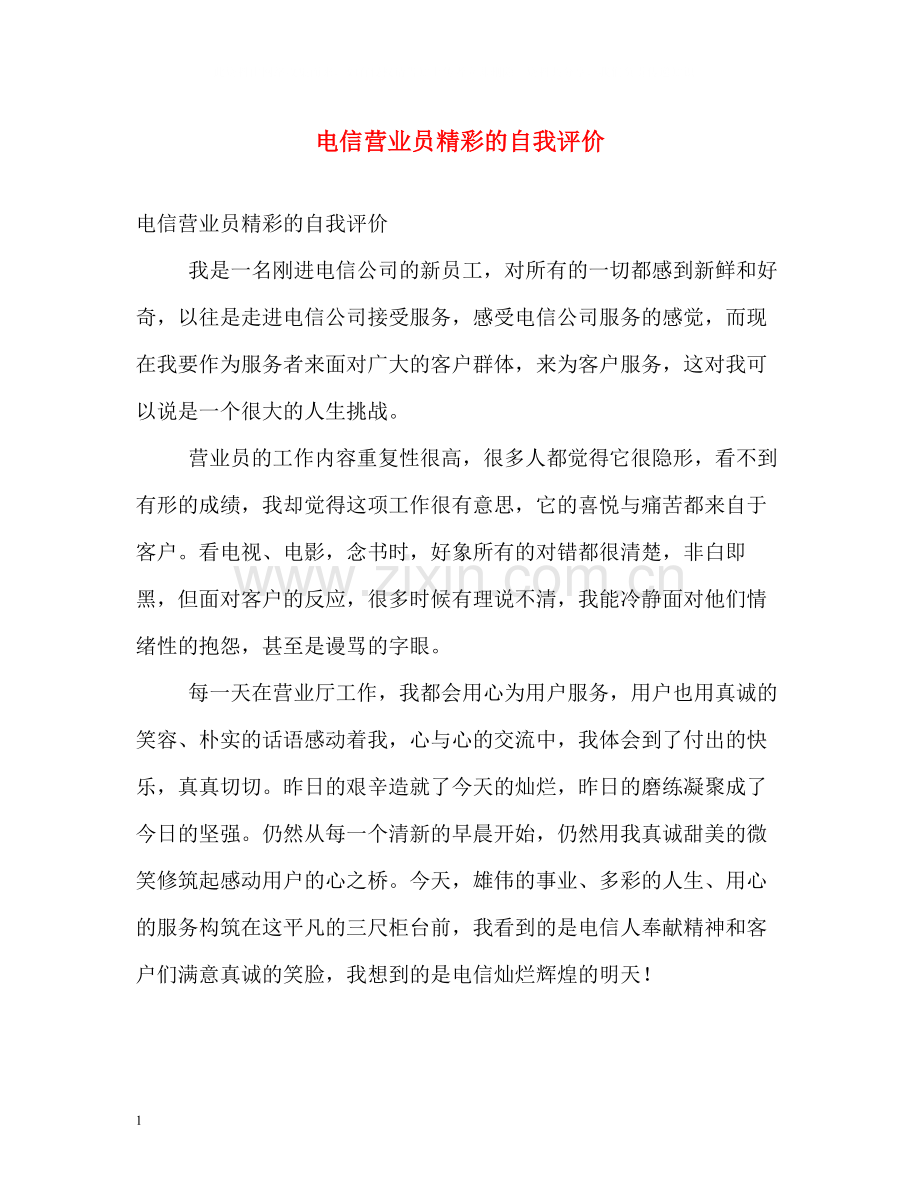 电信营业员精彩的自我评价.docx_第1页