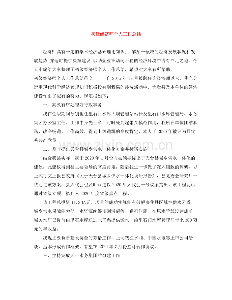 初级经济师个人工作总结.docx_第1页