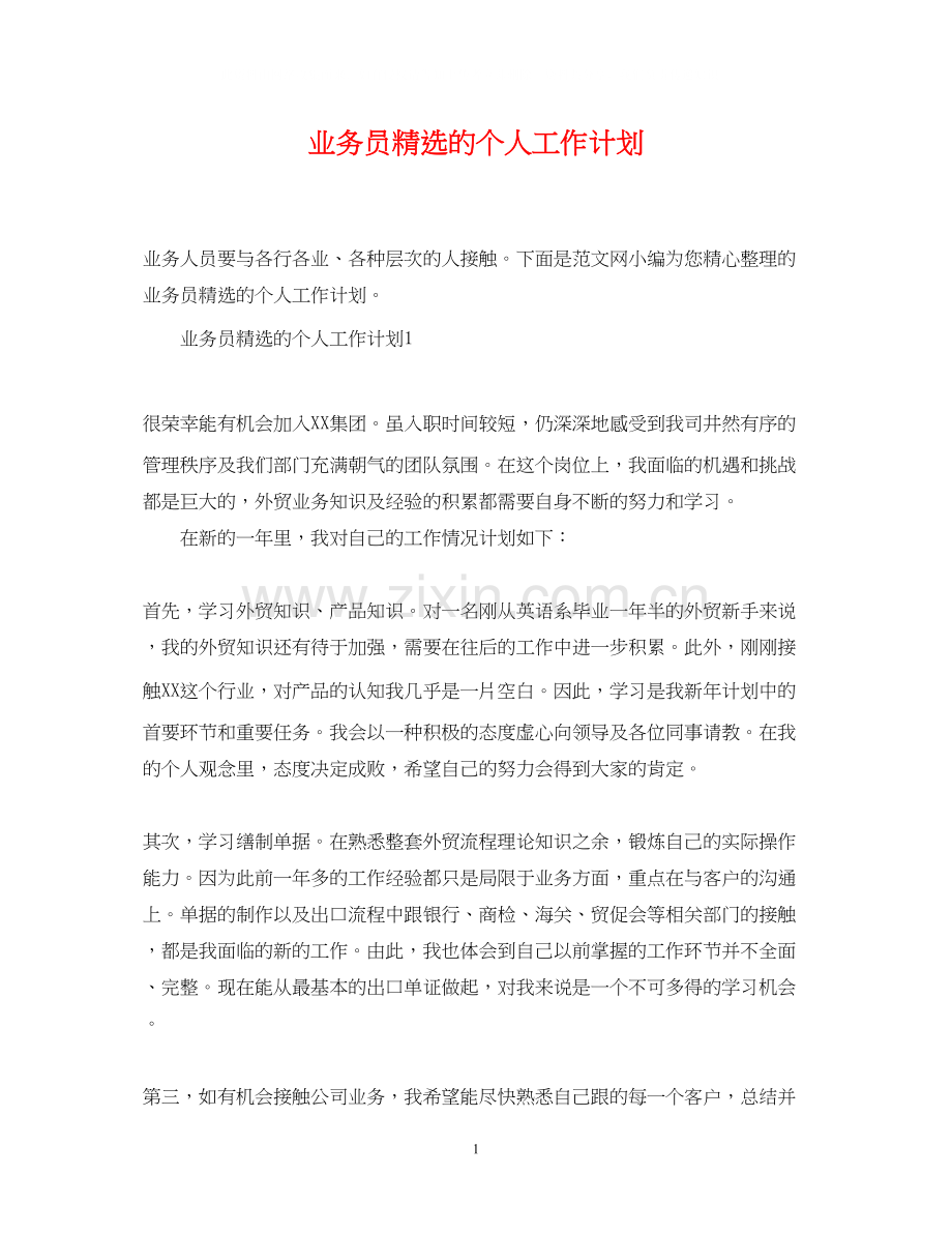 业务员的个人工作计划.docx_第1页