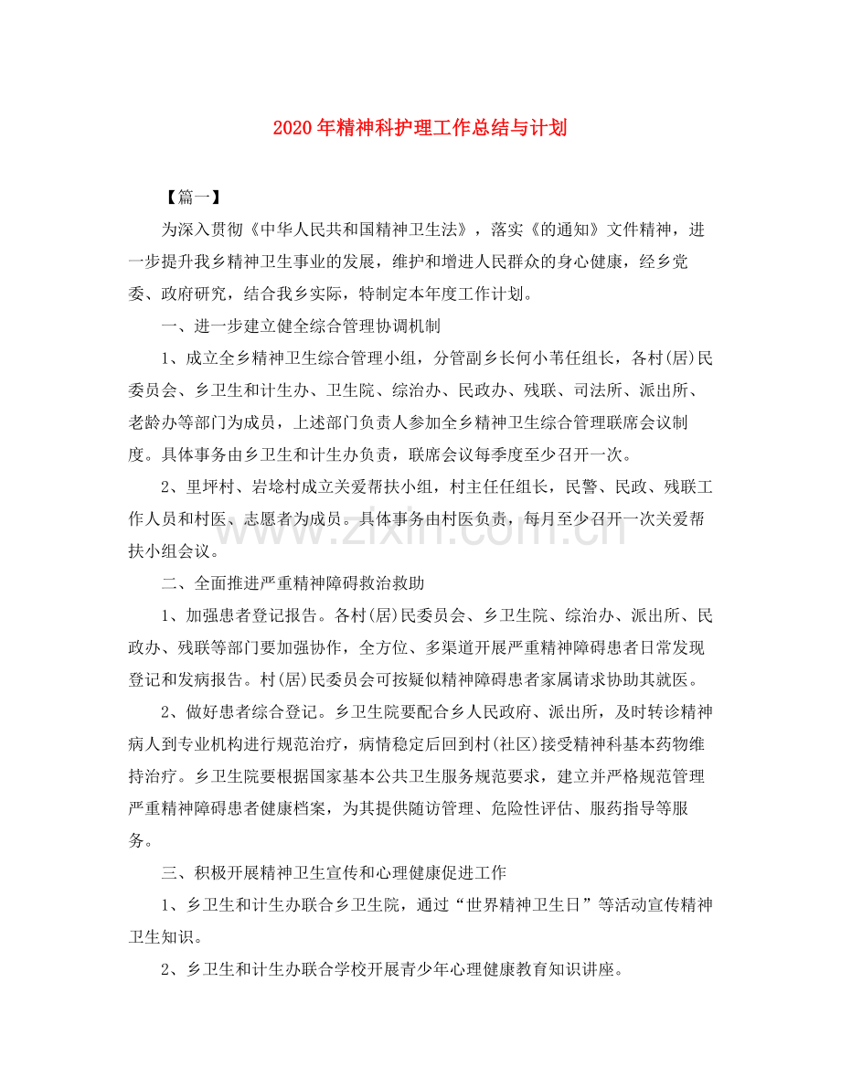 2020年精神科护理工作总结与计划.docx_第1页