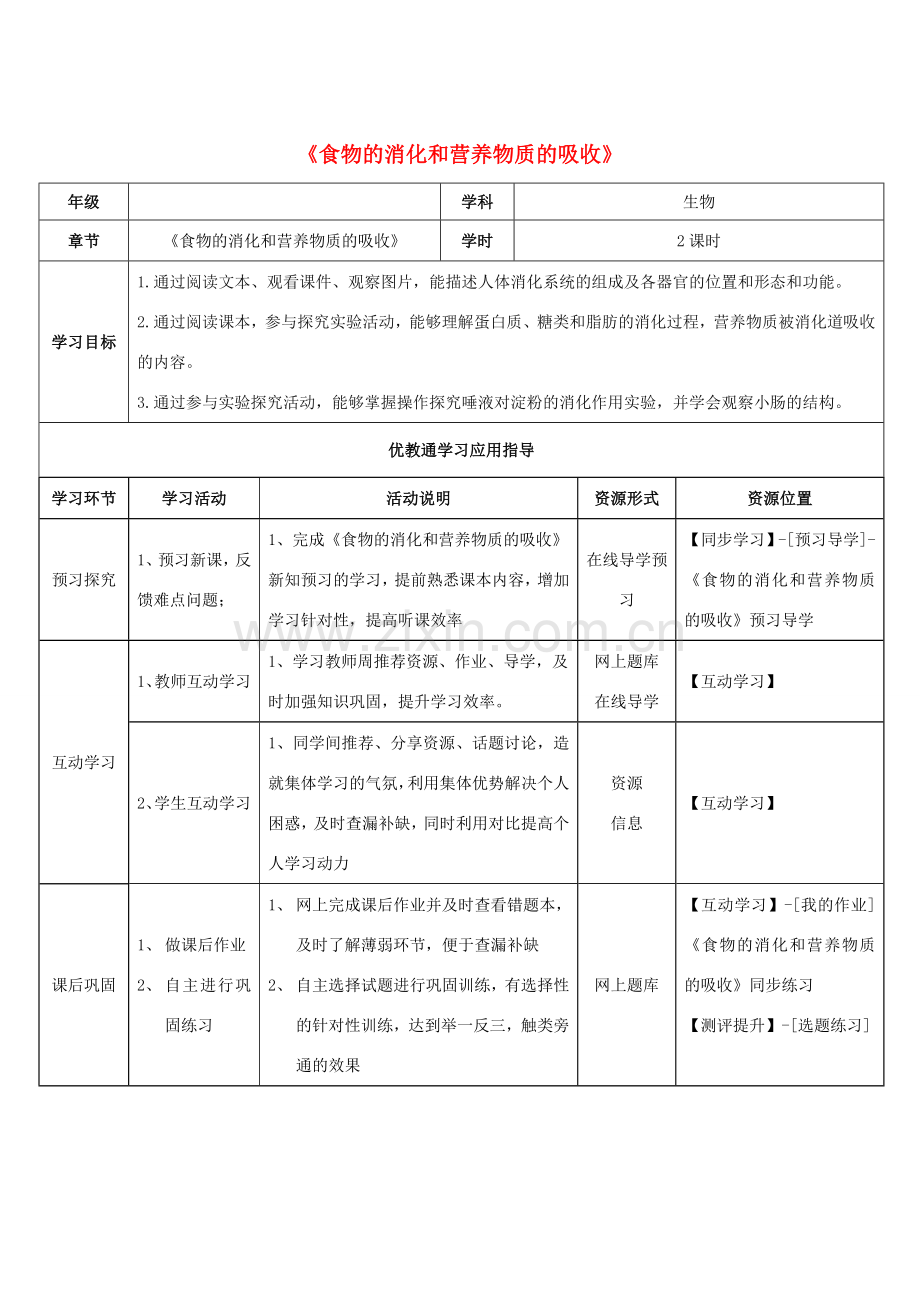 七年级生物下册 第8章 第2节《食物的消化和营养物质的吸收》学生学习应用指导 北师大版.doc_第1页