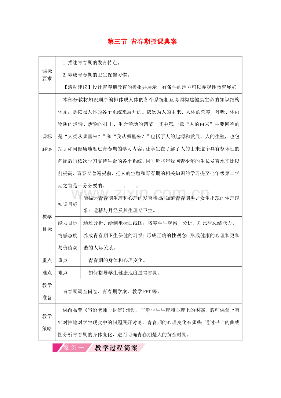 七年级生物下册 第四单元 第一章 第三节 青春期授课典案 （新版）新人教版-（新版）新人教版初中七年级下册生物教案.doc_第1页