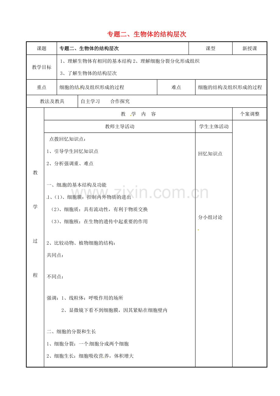 中考生物 专题二 生物体的结构层次复习教案（1） 苏科版-苏科版初中九年级全册生物教案.doc_第1页