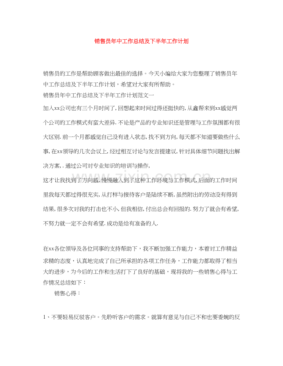 销售员年中工作总结及下半年工作计划.docx_第1页