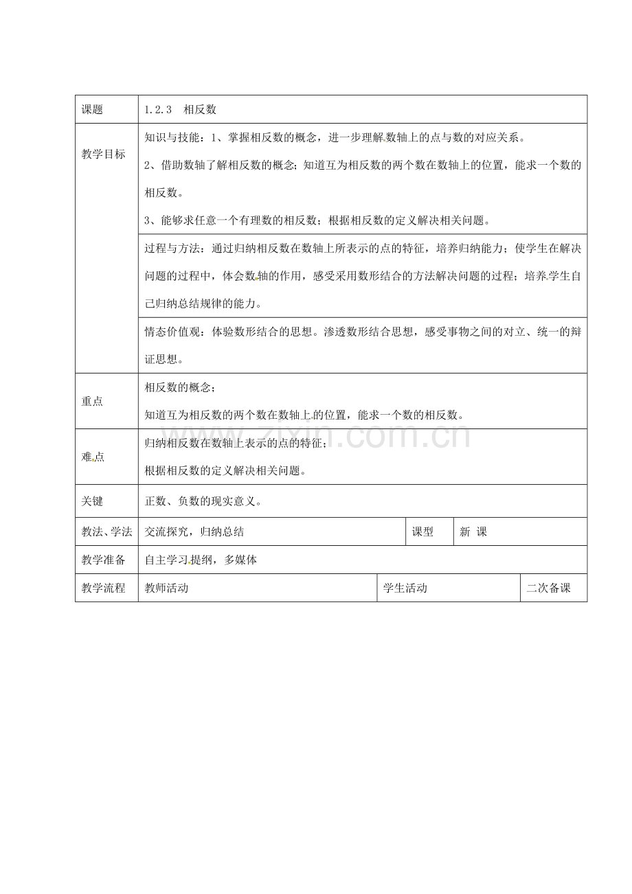 七年级数学上册 1.2.3 相反数教案 新人教版-新人教版初中七年级上册数学教案.doc_第1页