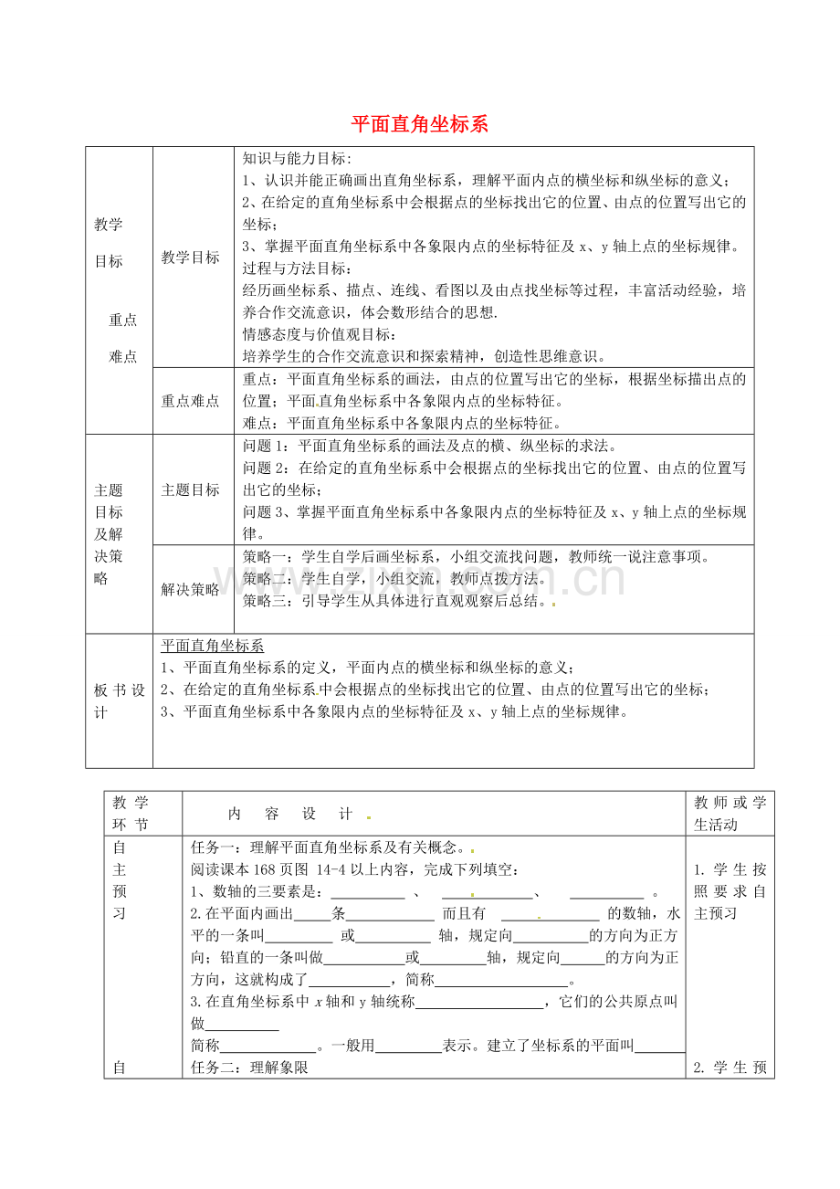 七年级数学下册 14.2 平面直角坐标系教案 （新版）青岛版-（新版）青岛版初中七年级下册数学教案.doc_第1页