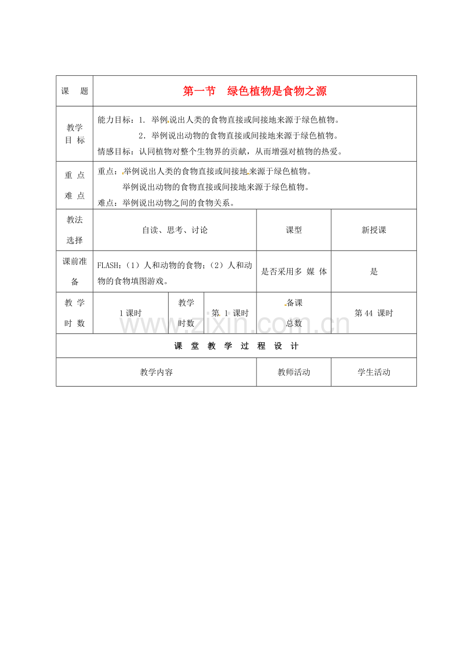 七年级生物上册 第7章 第1节 绿色植物是食物之源教案 苏教版-苏教版初中七年级上册生物教案.doc_第1页