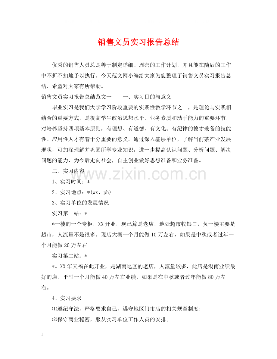 销售文员实习报告总结.docx_第1页