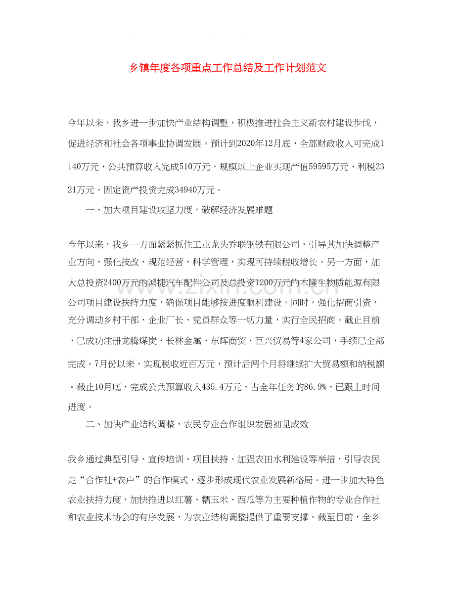 乡镇年度各项重点工作总结及工作计划范文.docx_第1页