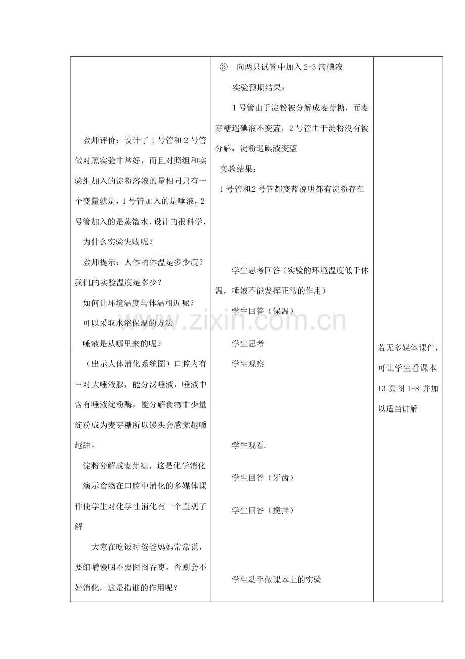 七年级生物下册 第一章《合理膳食 平衡营养》1.2.1 食物在口腔中的消化教案 （新版）冀教版.doc_第3页