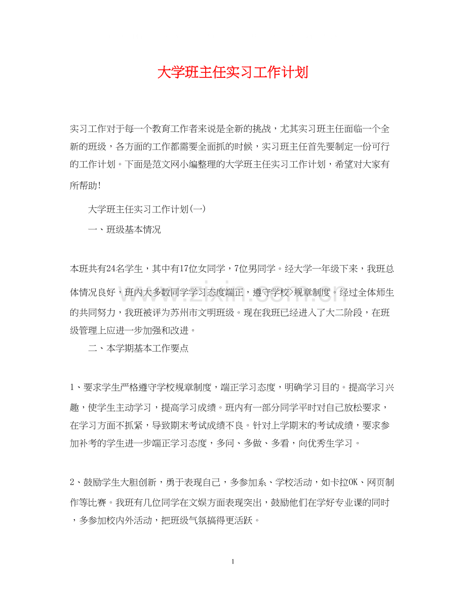 大学班主任实习工作计划.docx_第1页