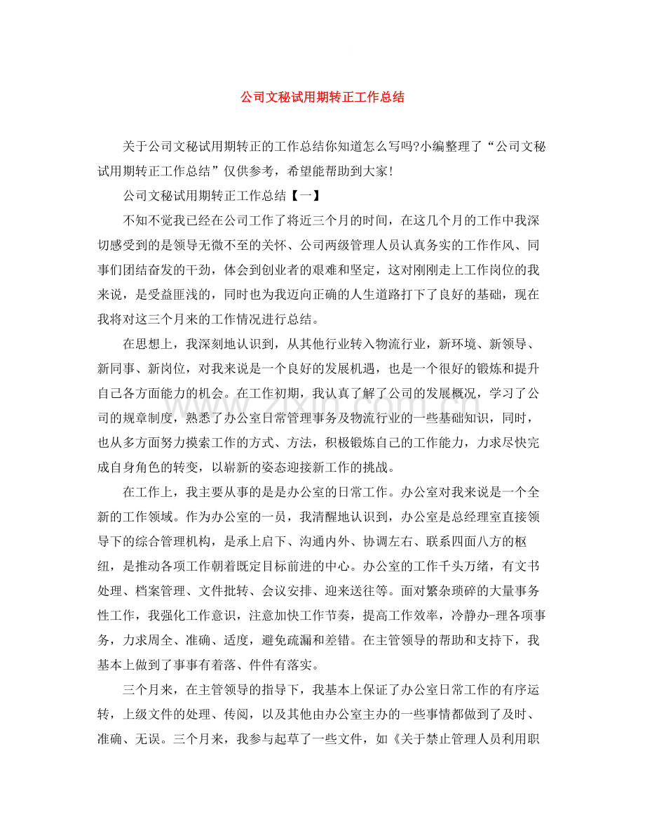 公司文秘试用期转正工作总结.docx_第1页