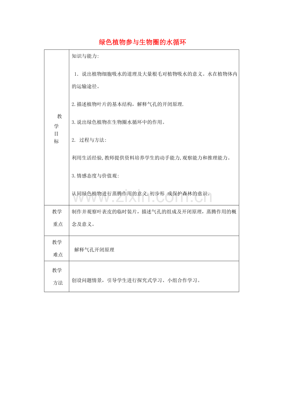 七年级生物上册 第三单元 第3章 绿色植物参与生物圈的水循环教案 （新版）新人教版-（新版）新人教版初中七年级上册生物教案.doc_第1页