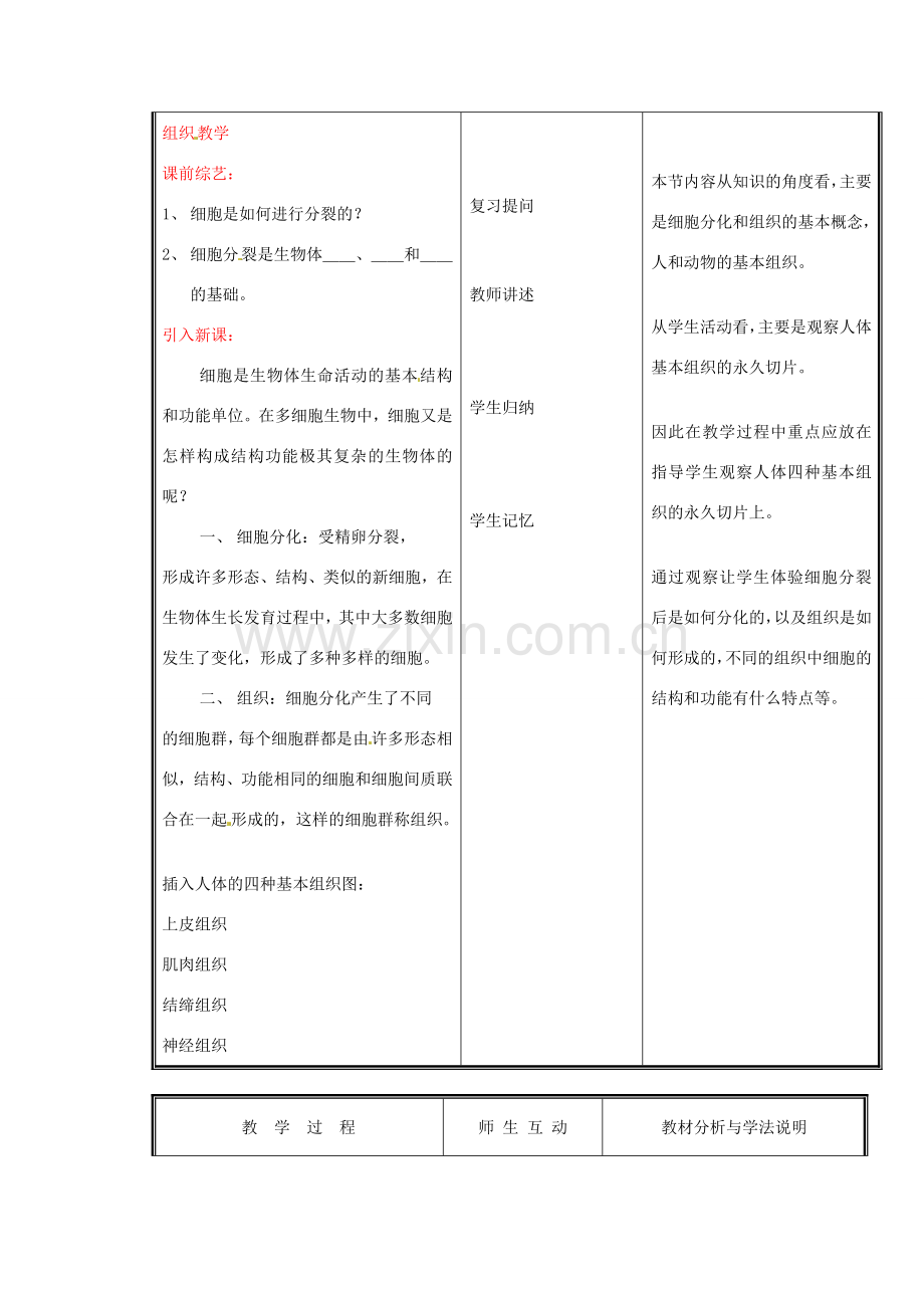 七年级生物上册 第二单元《生物体的结构》第4章 生物体的结构层次 4.1 细胞分化形成组织（一）教案 （新版）北师大版.doc_第2页