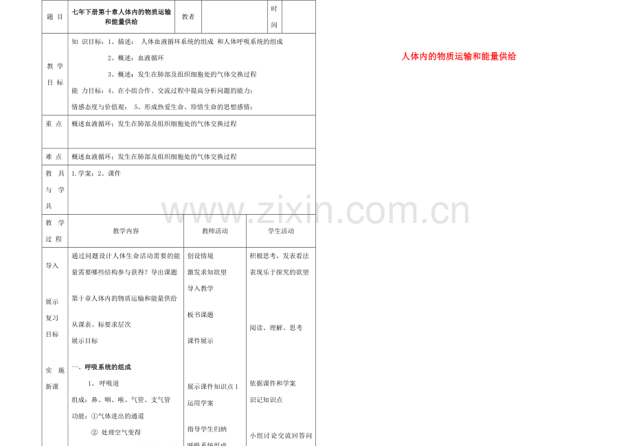 七年级生物下册 第四单元 第十章《人体内的物质运输和能量供给》复习教案 （新版）苏教版-（新版）苏教版初中七年级下册生物教案.doc_第1页