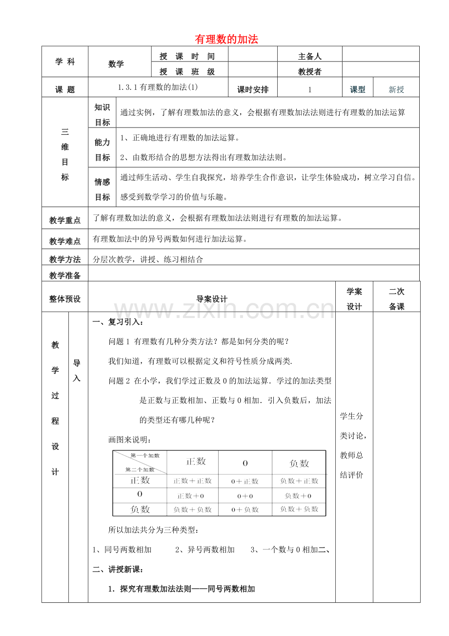 七年级数学上册 1.3.1有理数的加法教案1 （新版）新人教版-（新版）新人教版初中七年级上册数学教案.doc_第1页