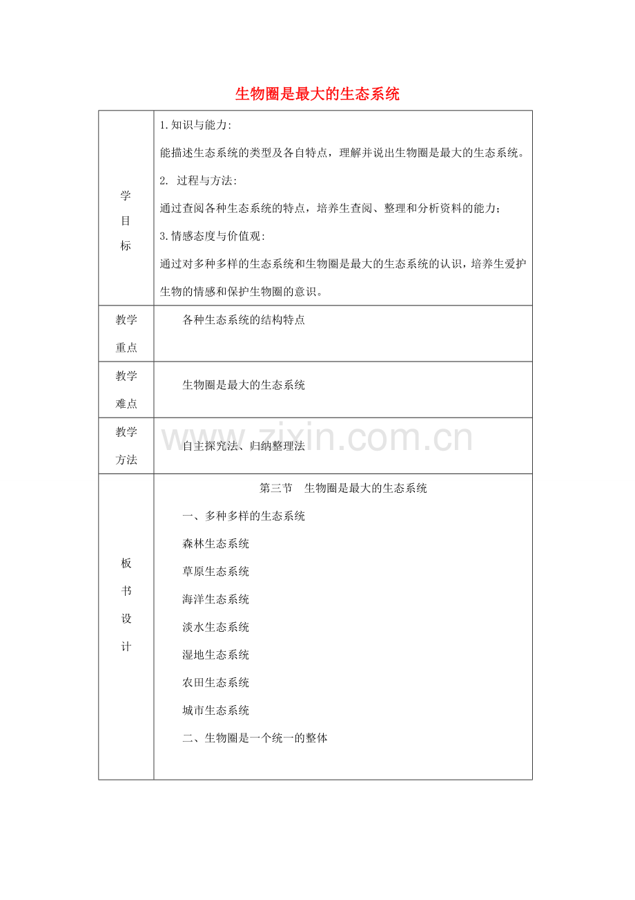 七年级生物上册 第一单元 第二章 第3节生物圈是最大的生态系统教案 （新版）新人教版-（新版）新人教版初中七年级上册生物教案.doc_第1页
