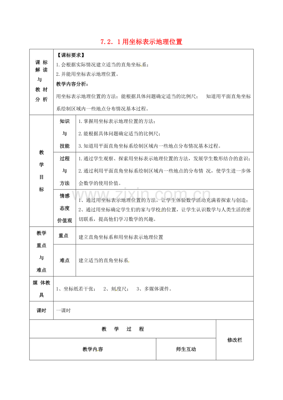 七年级数学下册 7.2.1 用坐标表示地理位置教案1 （新版）新人教版-（新版）新人教版初中七年级下册数学教案.doc_第1页