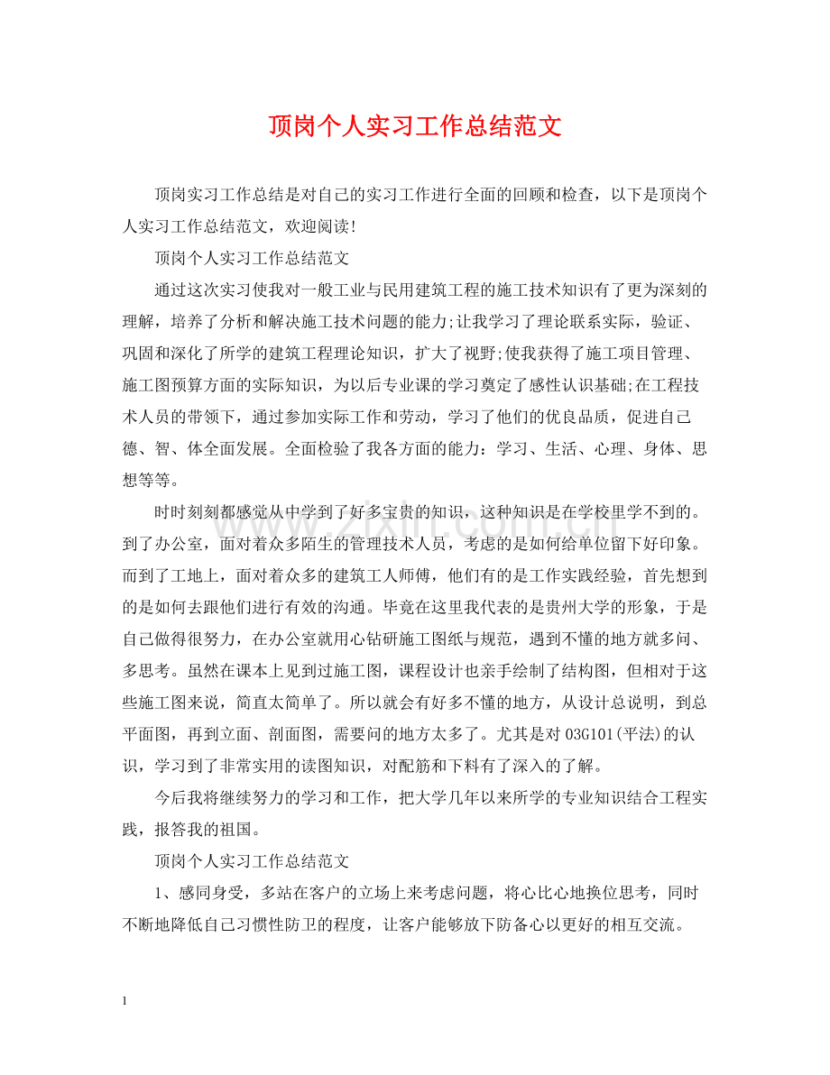 顶岗个人实习工作总结范文.docx_第1页