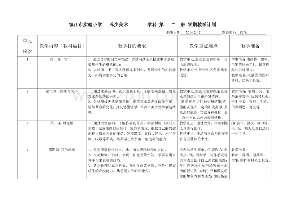 苏少版第二册教学计划、进度表.doc_第1页