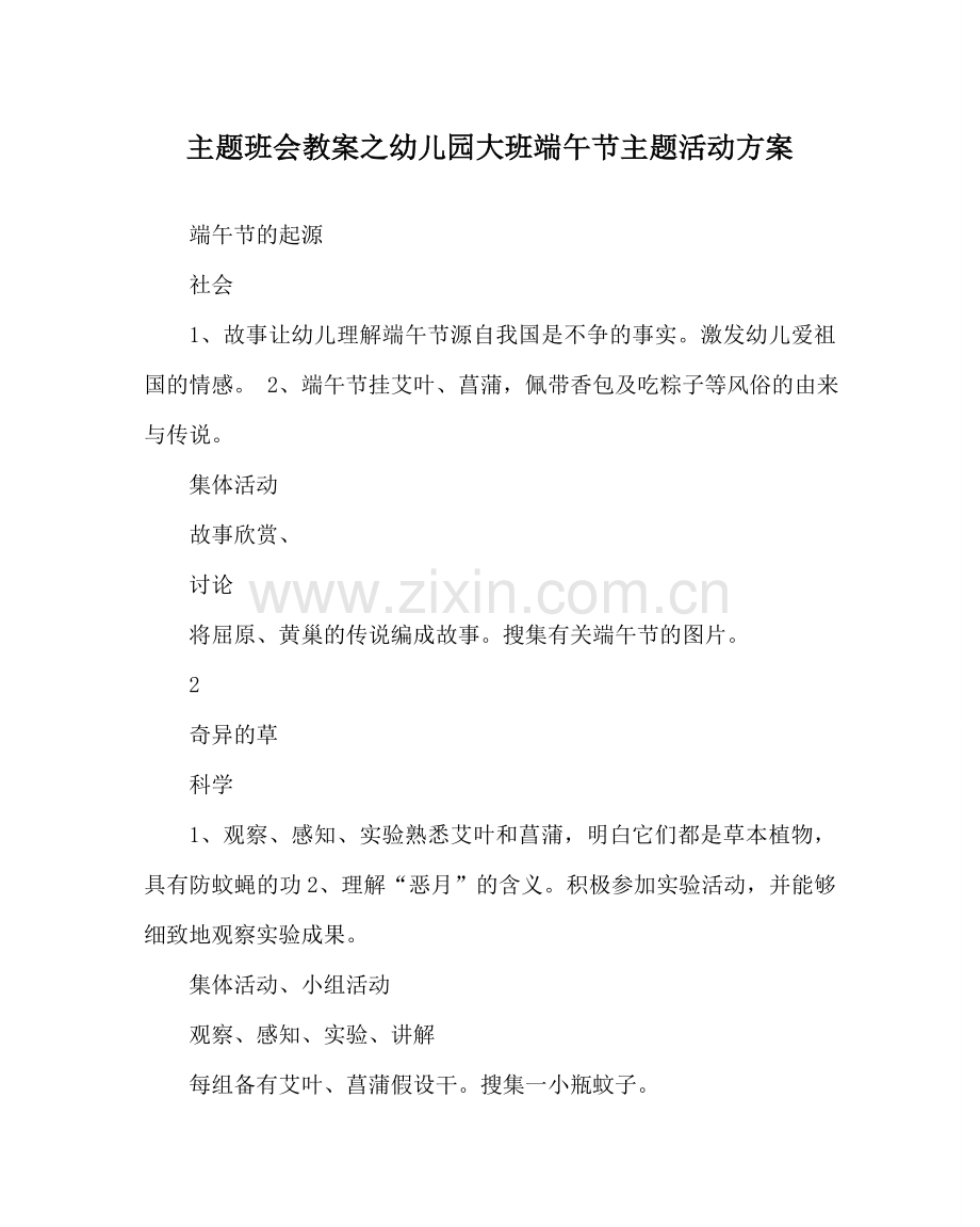 主题班会教案幼儿园大班端午节主题活动方案.doc_第1页