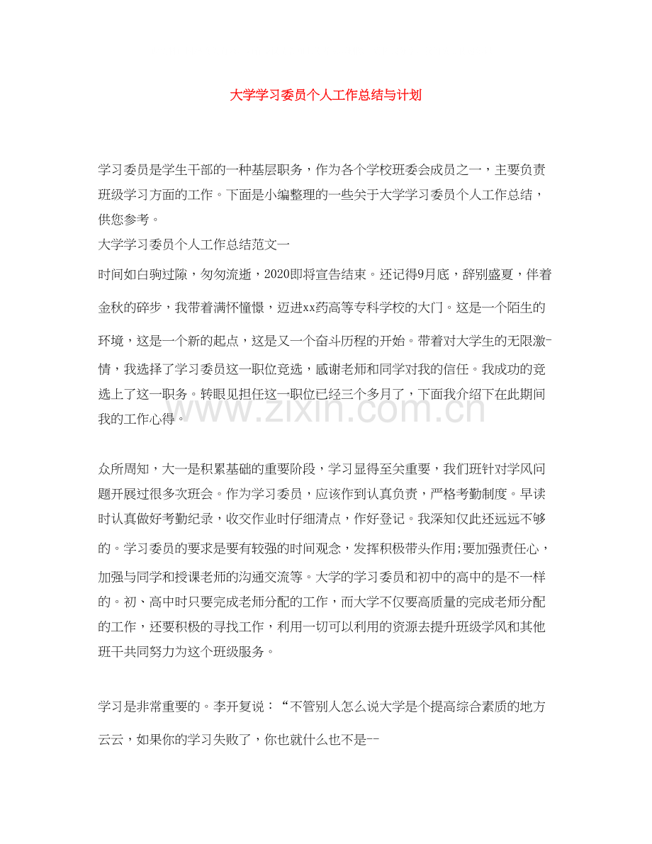 大学学习委员个人工作总结与计划.docx_第1页