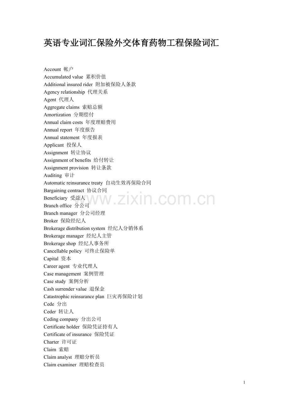 英语专业词汇保险外交体育药物工程保险词汇.doc_第1页