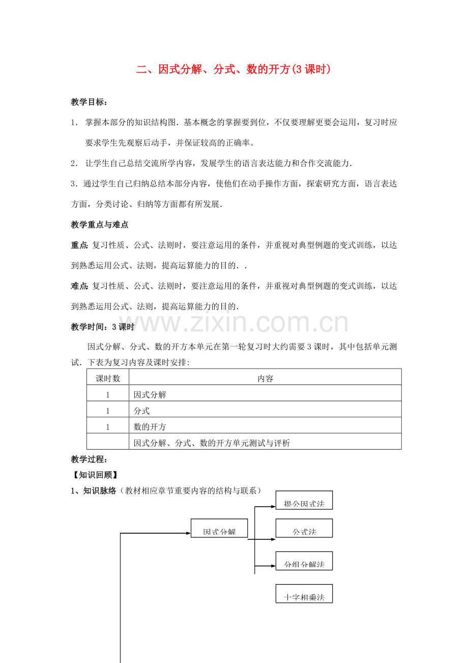 中考数学第一轮总复习 二、因式分解、分式、数的开方教案 人教新课标版.doc_第1页