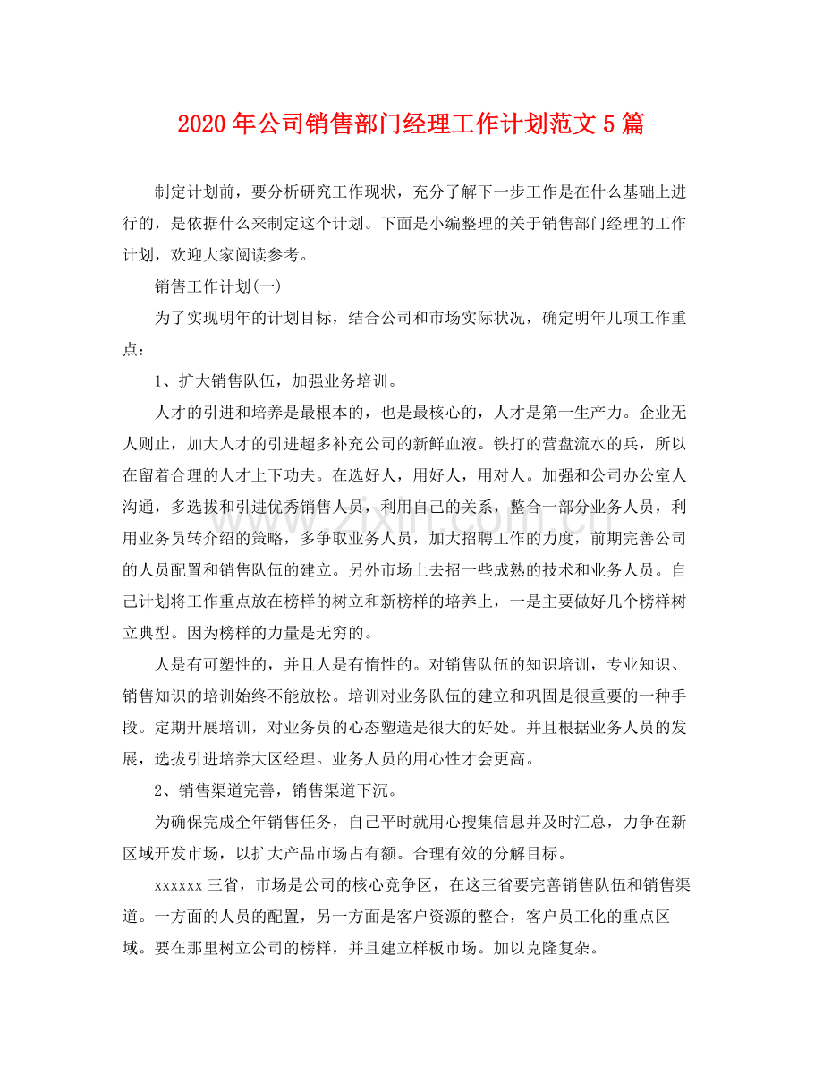 2020年公司销售部门经理工作计划范文5篇.docx_第1页