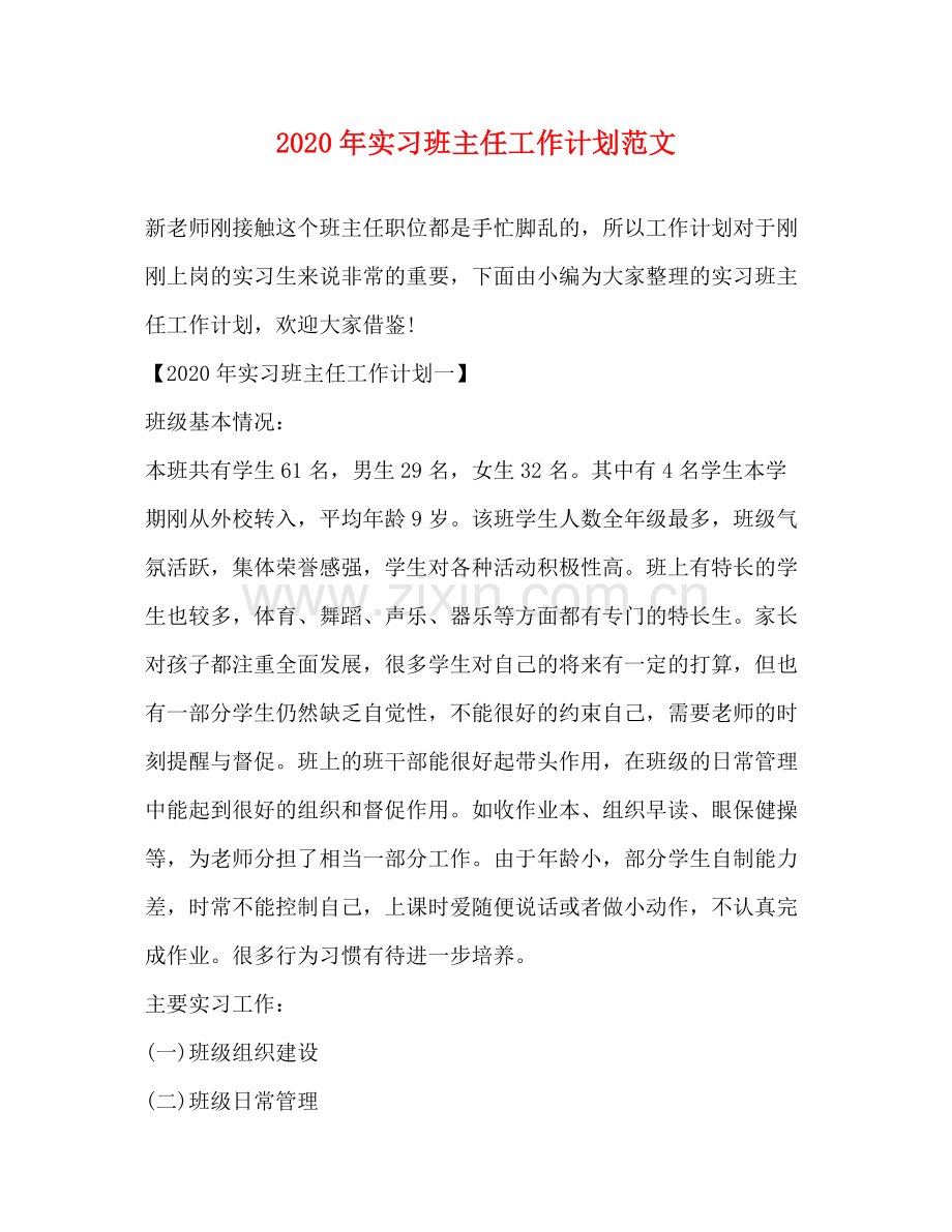 2020年实习班主任工作计划范文.docx_第1页