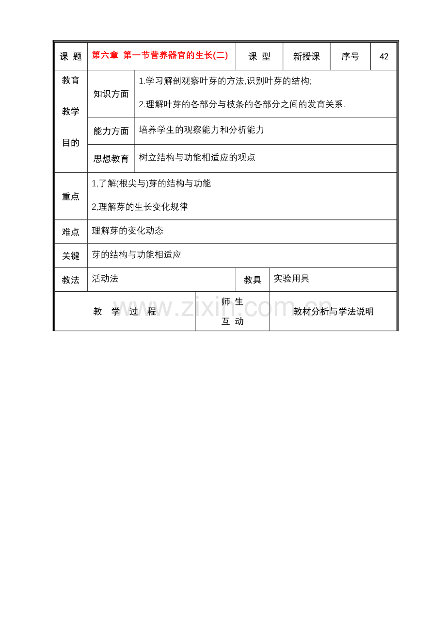 七年级生物上册 第六章 第二节营养器官的生长(二)教案 北师大版.doc_第1页