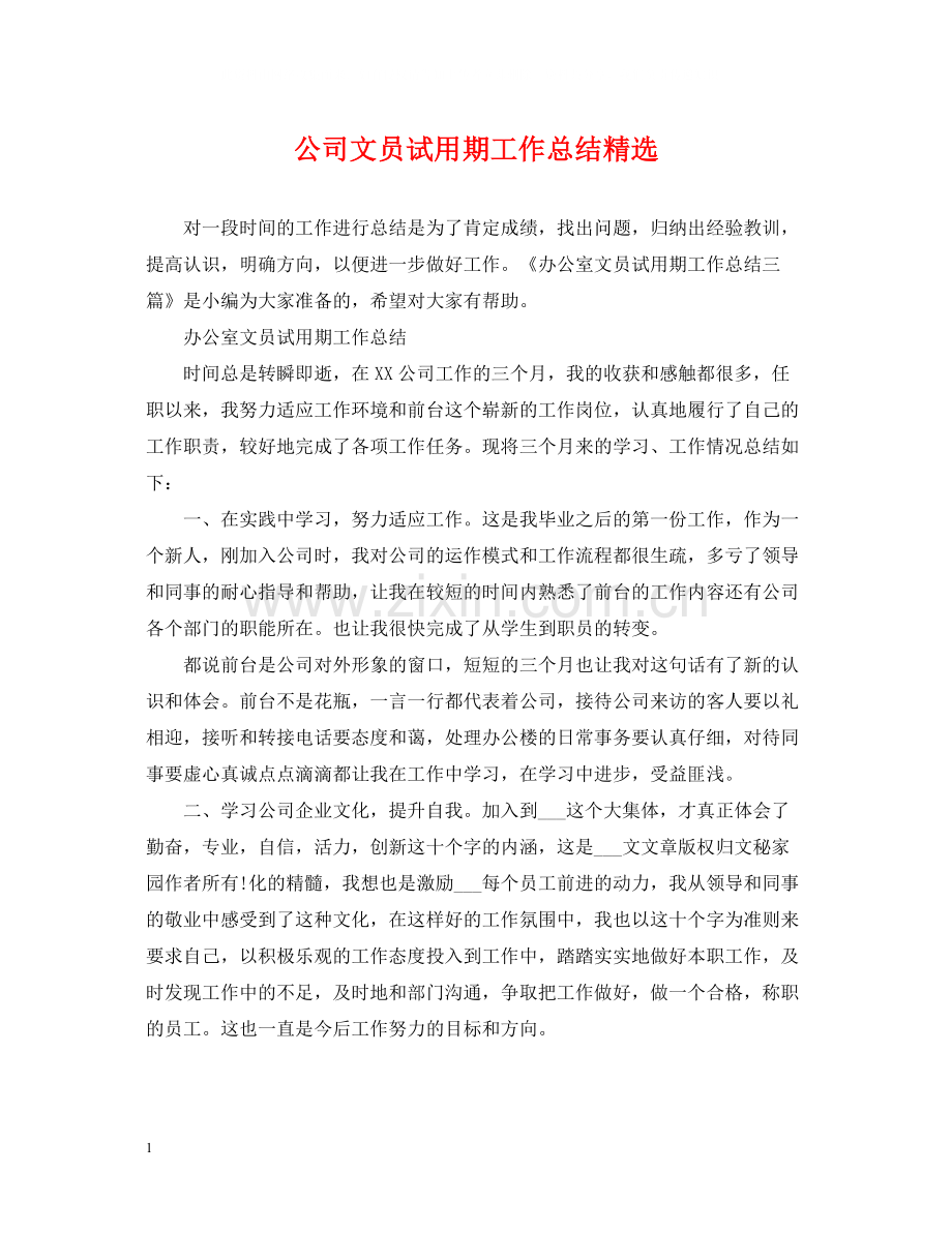 公司文员试用期工作总结.docx_第1页