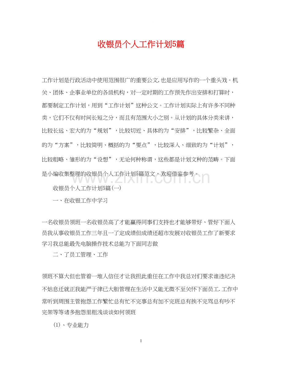 收银员个人工作计划5篇.docx_第1页