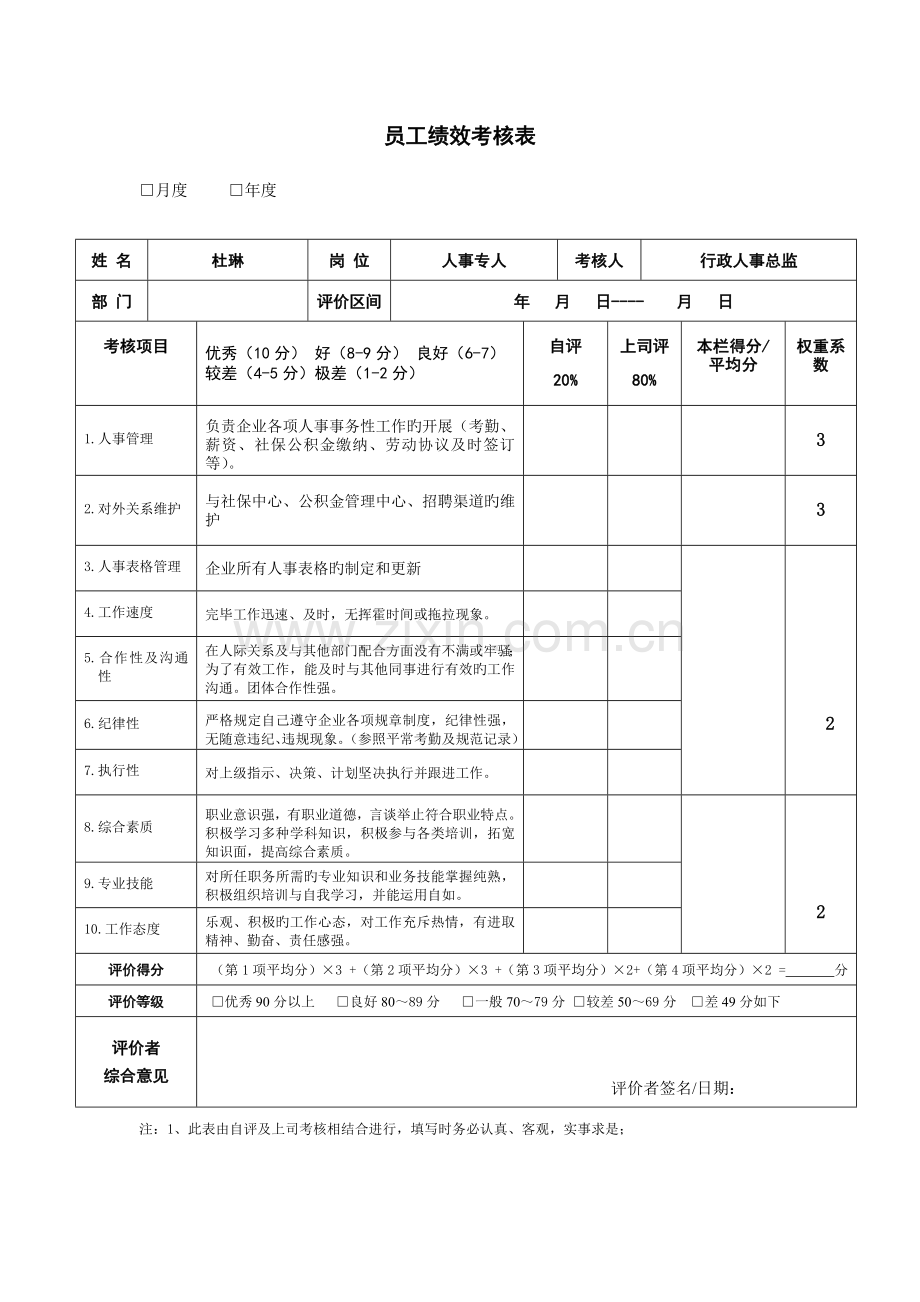 人事专员绩效考核表.doc_第1页