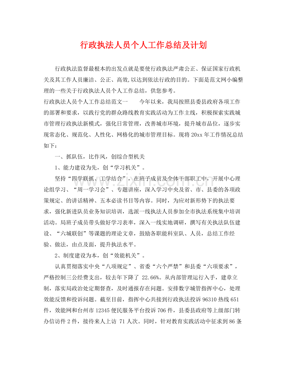 行政执法人员个人工作总结及计划 .docx_第1页