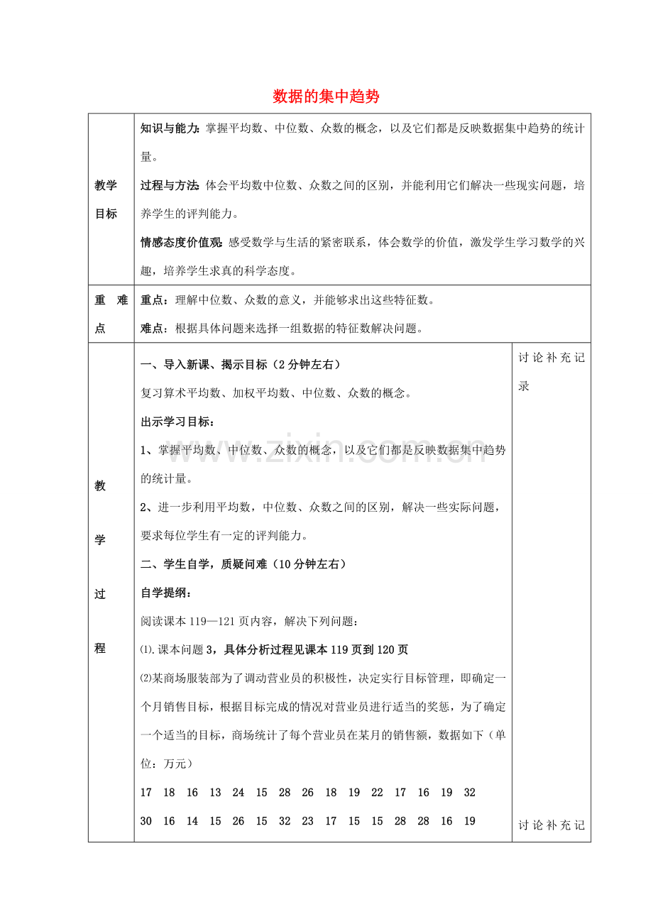 八年级数学下册 20.2 数据的集中趋势教案3 （新版）华东师大版-（新版）华东师大版初中八年级下册数学教案.doc_第1页