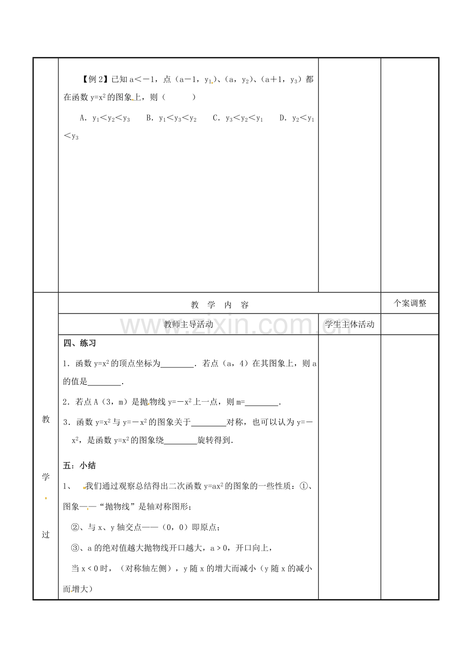 江苏省新沂市第二中学九年级数学下册 6.2 二次函数的图象和性质教案（1） 苏科版.doc_第2页