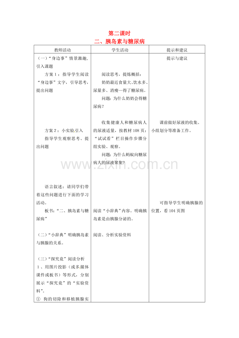 七年级生物下册 第五章《正常发育 健康成长》5.1.2 胰岛素与糖尿病教案 （新版）冀教版.doc_第1页