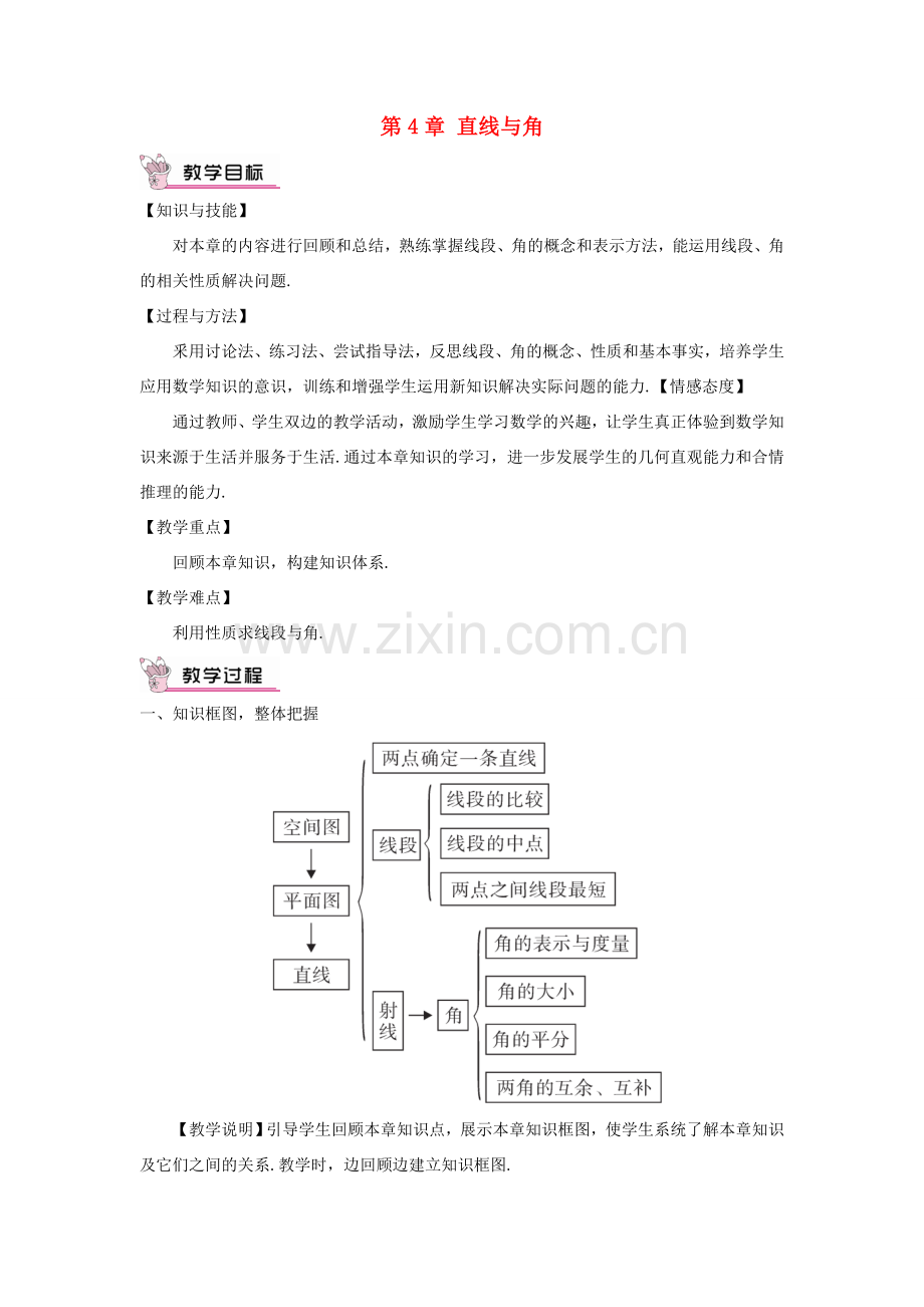 七年级数学上册 第4章 直线与角本章复习教案 （新版）沪科版-（新版）沪科版初中七年级上册数学教案.doc_第1页