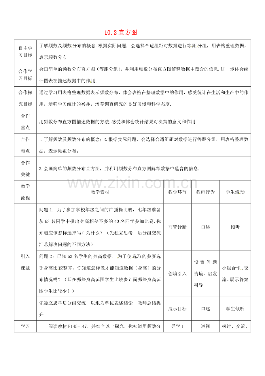 七年级数学下册《10.2 直方图》教学设计1 （新版）新人教版-（新版）新人教版初中七年级下册数学教案.doc_第1页