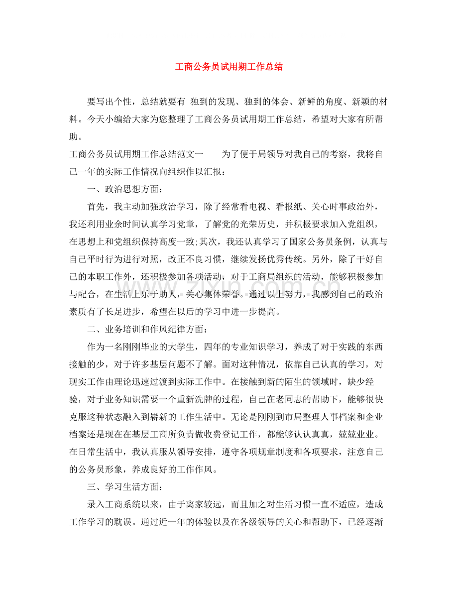 工商公务员试用期工作总结.docx_第1页