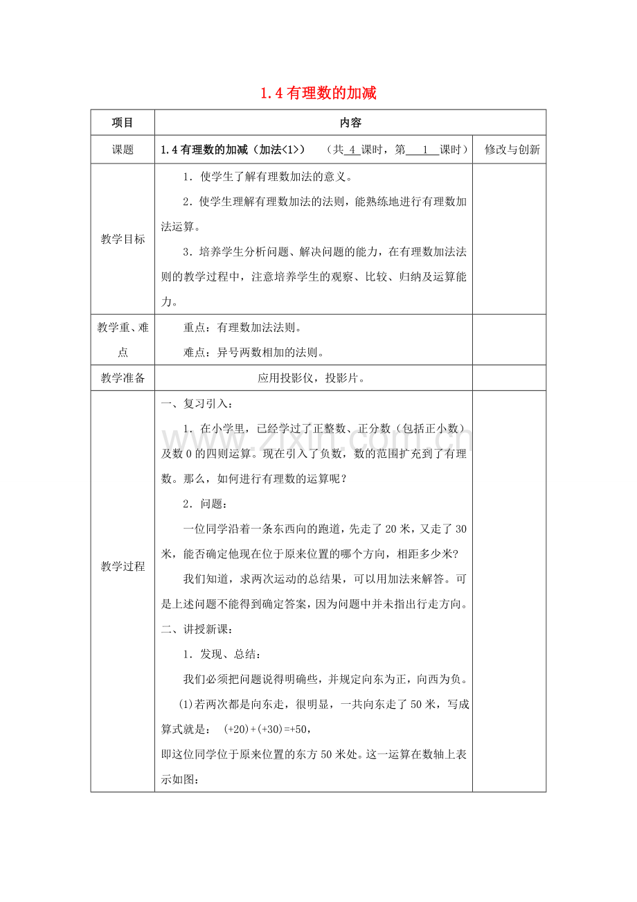 七年级数学上册 1.4 有理数的加减（加法1）教案 （新版）沪科版-（新版）沪科版初中七年级上册数学教案.doc_第1页