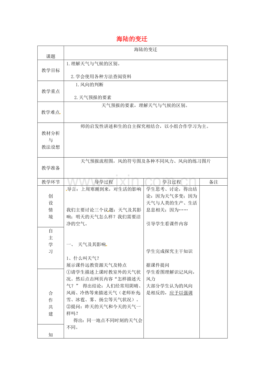 山东省临沂市蒙阴县第四中学八年级地理会考复习 海陆的变迁教案 新人教版.doc_第1页