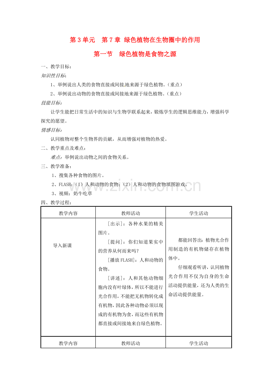 七年级生物上册 7.1 绿色植物是食物之源2教案 苏教版.doc_第1页