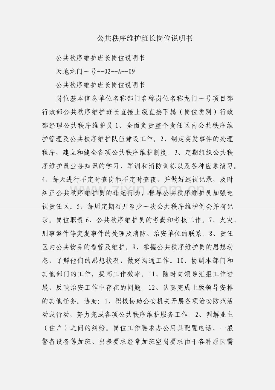 公共秩序维护班长岗位说明书.docx_第1页